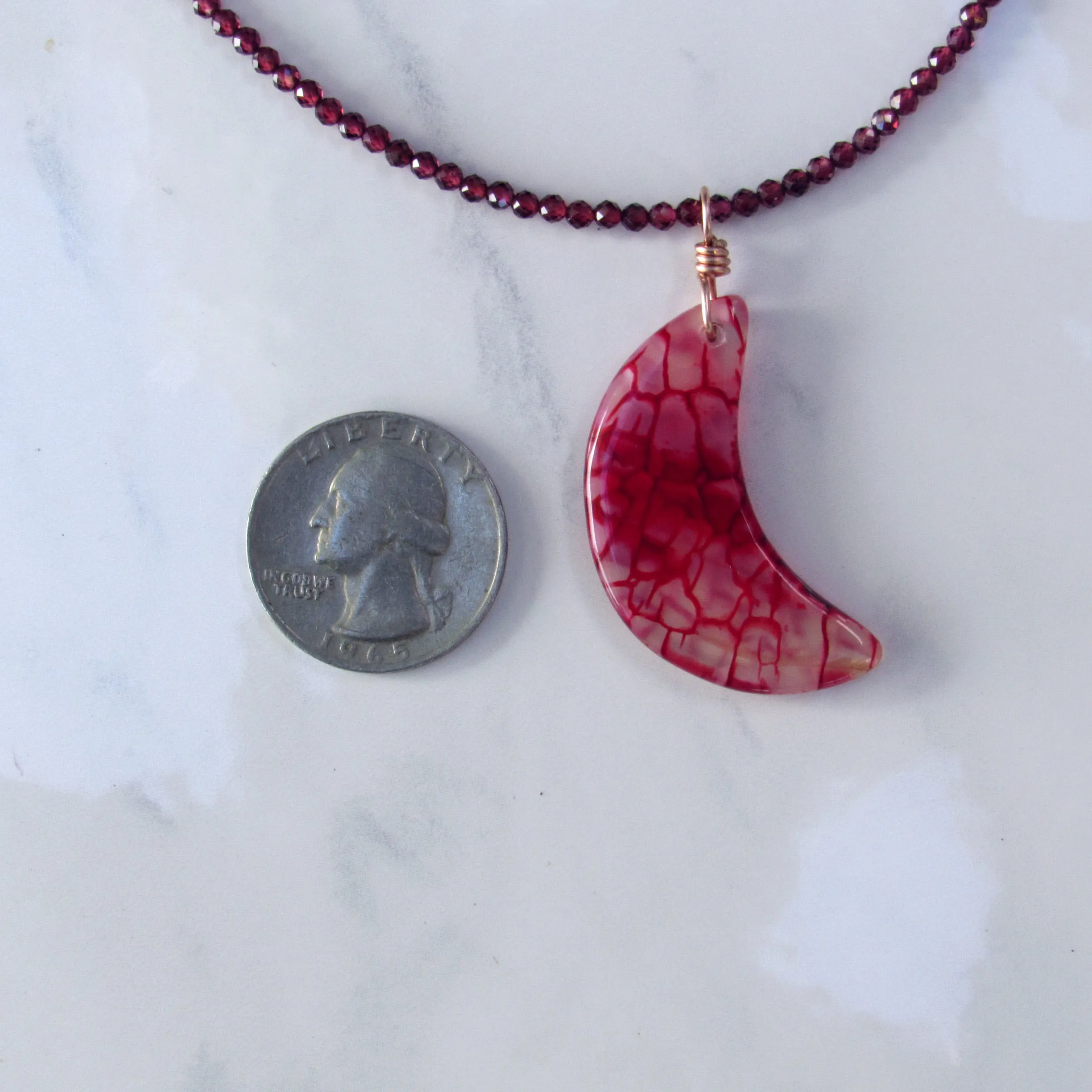 Dragon’s Vein’s Agate Moon Hand-wrapped Pendant w/ 14 Kt Rose Gold Filled on Garnets