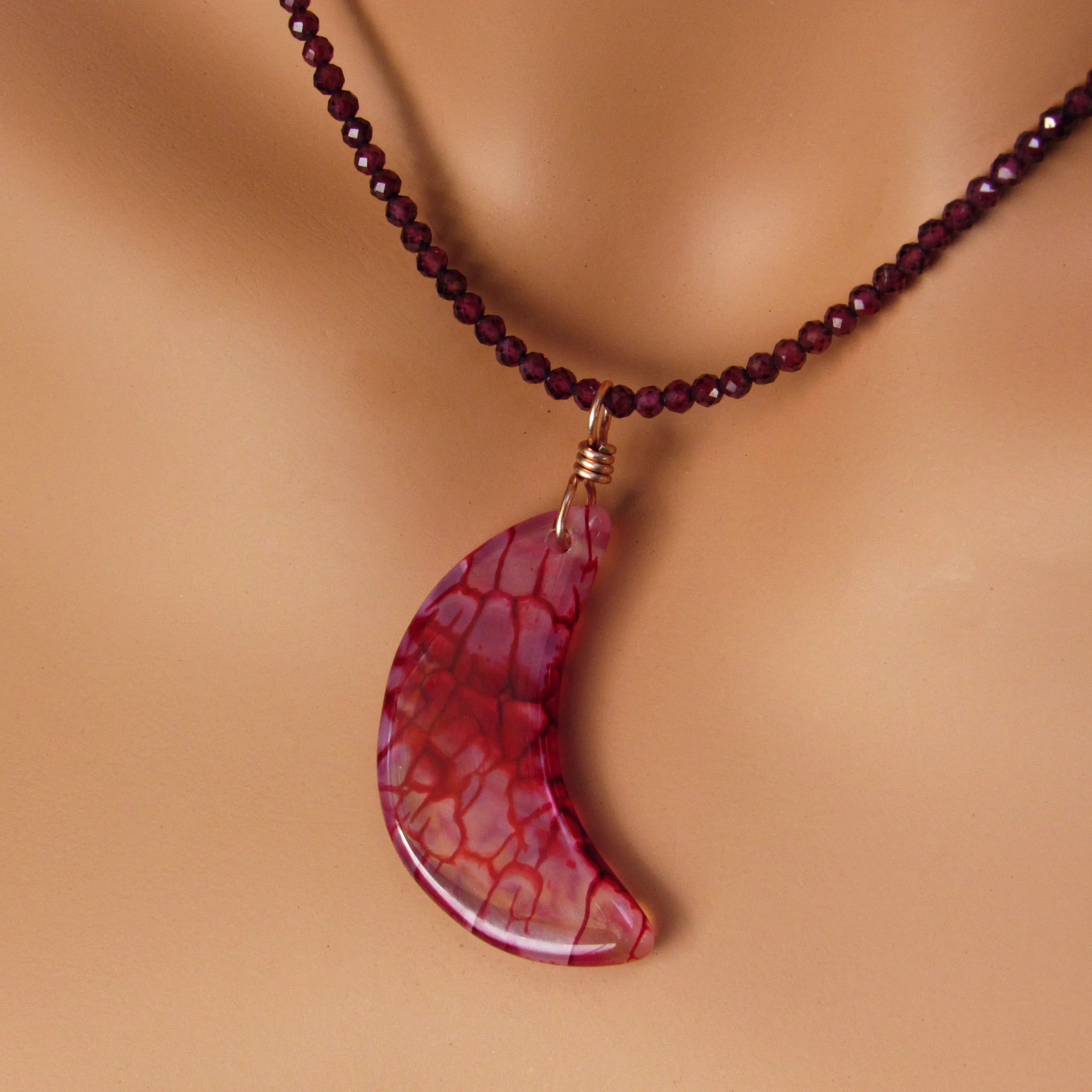 Dragon’s Vein’s Agate Moon Hand-wrapped Pendant w/ 14 Kt Rose Gold Filled on Garnets