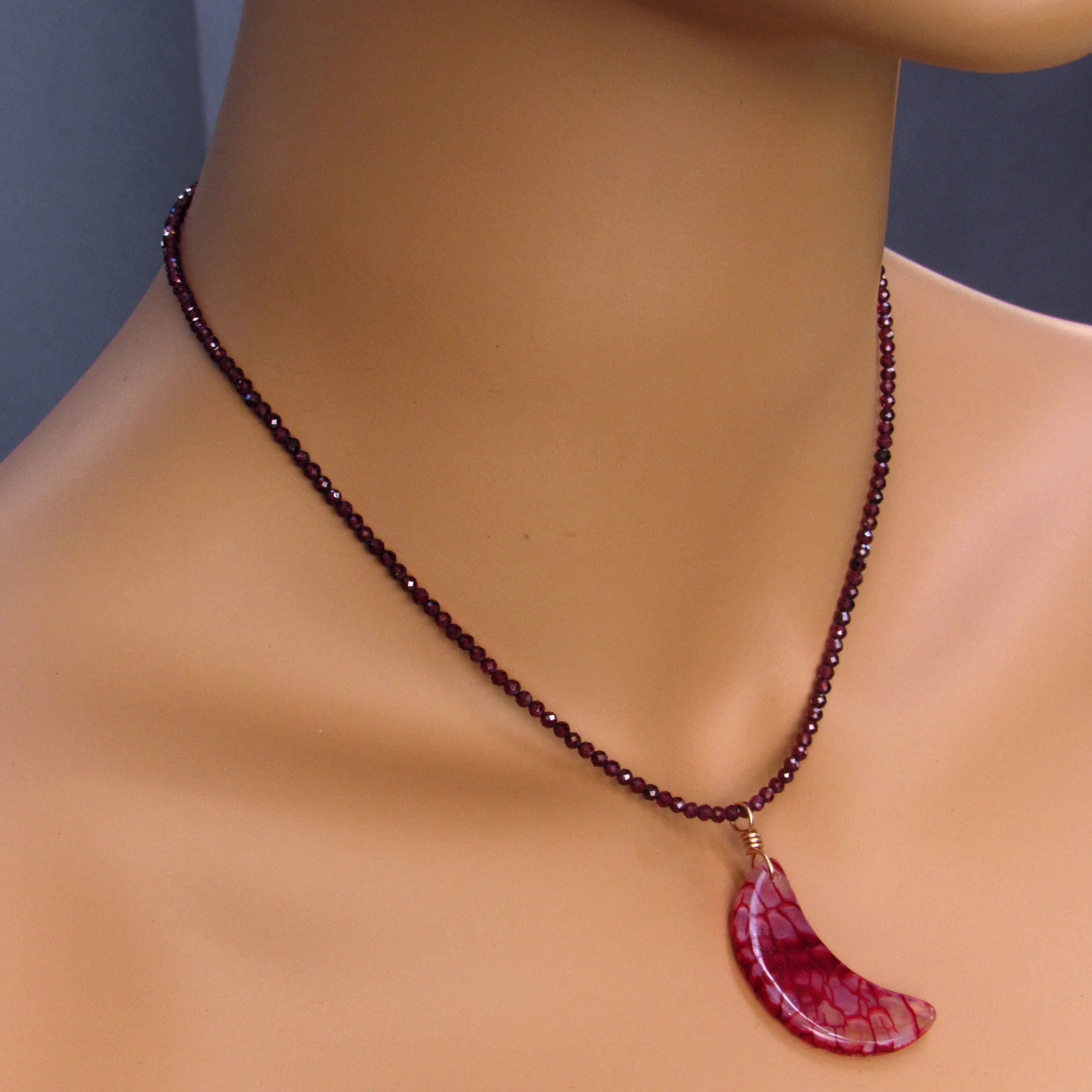 Dragon’s Vein’s Agate Moon Hand-wrapped Pendant w/ 14 Kt Rose Gold Filled on Garnets