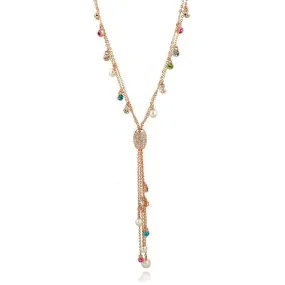 Gold Chain Lariat with Multi Colored Crystals and Tassel