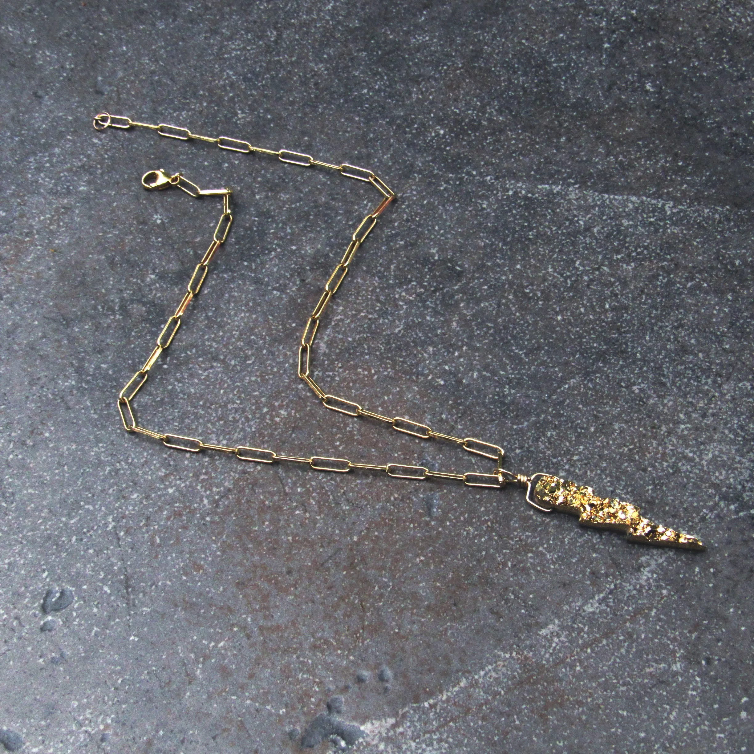 Gold Druzy Lightning Bolt on 14 Kt GF Chain