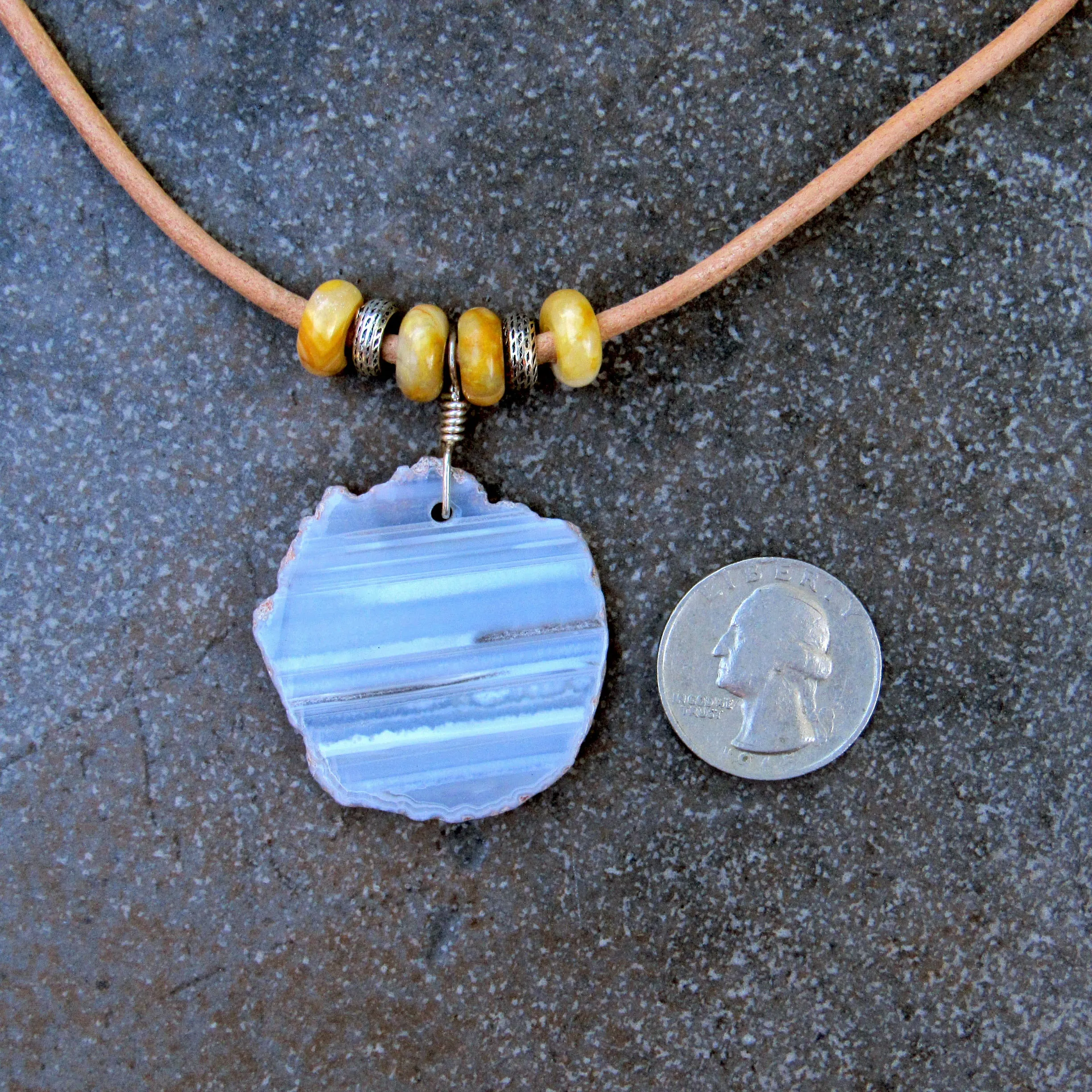 Grey Striped Agate gemstone, Yellow jasper, Sterling Silver on Leather Necklace