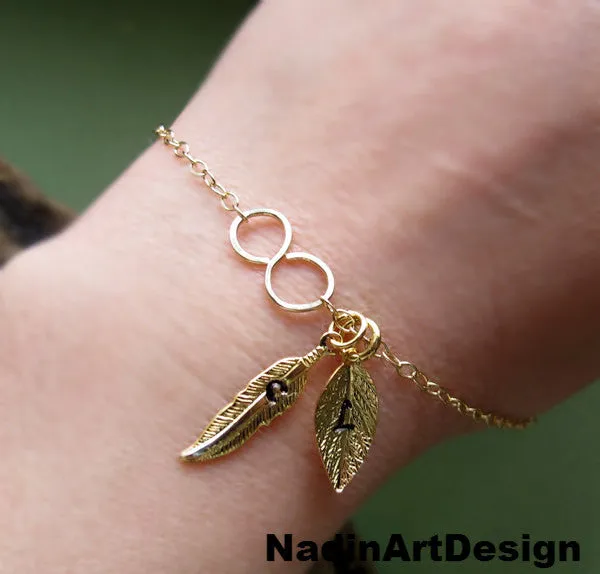 Infinity Bracelet with Personalized Leaf, Feather Charms