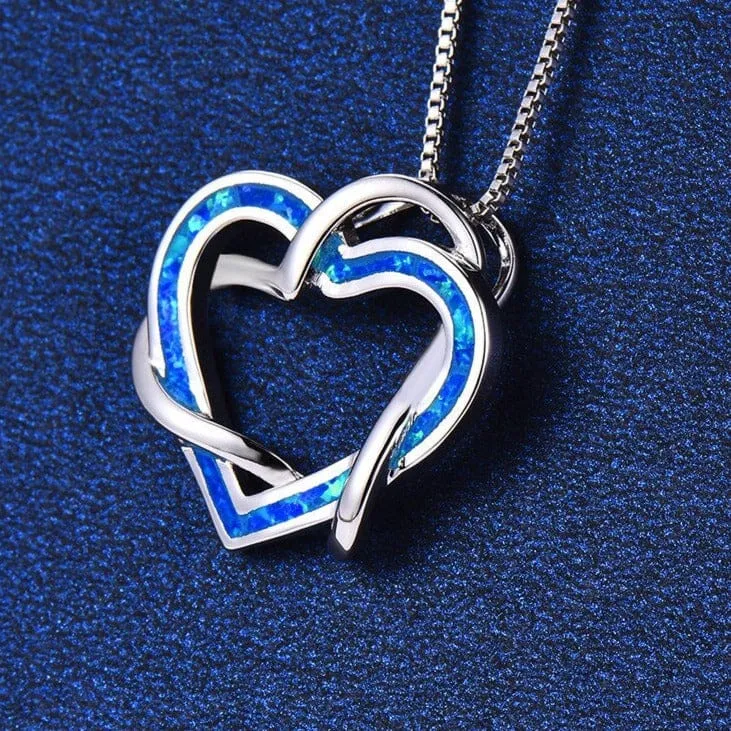 Infinity Love Heart  Blue White Fire Opal Pendant Necklace - 925 Sterling Silver