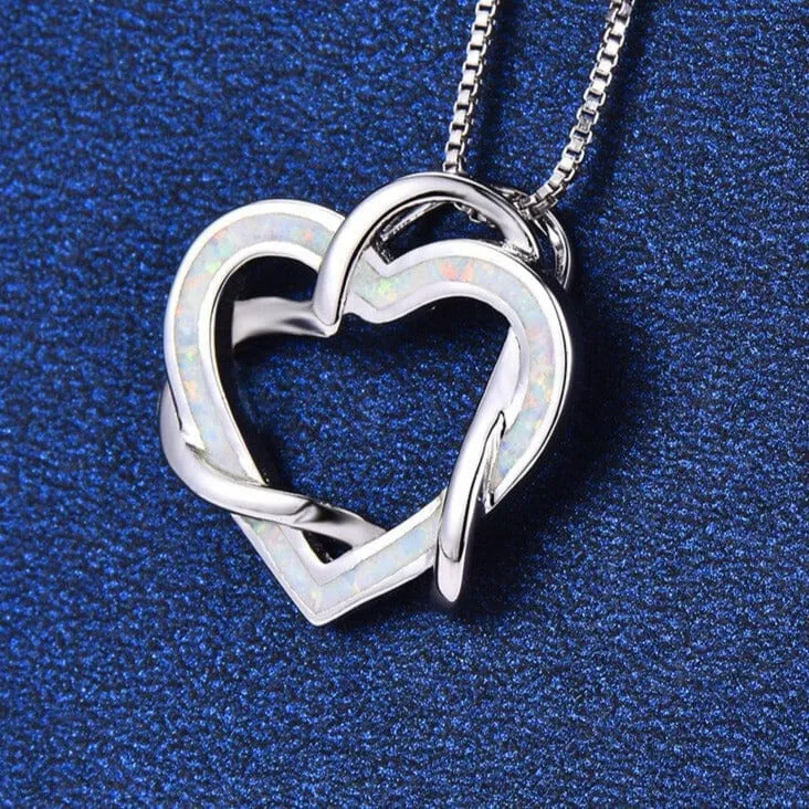 Infinity Love Heart  Blue White Fire Opal Pendant Necklace - 925 Sterling Silver