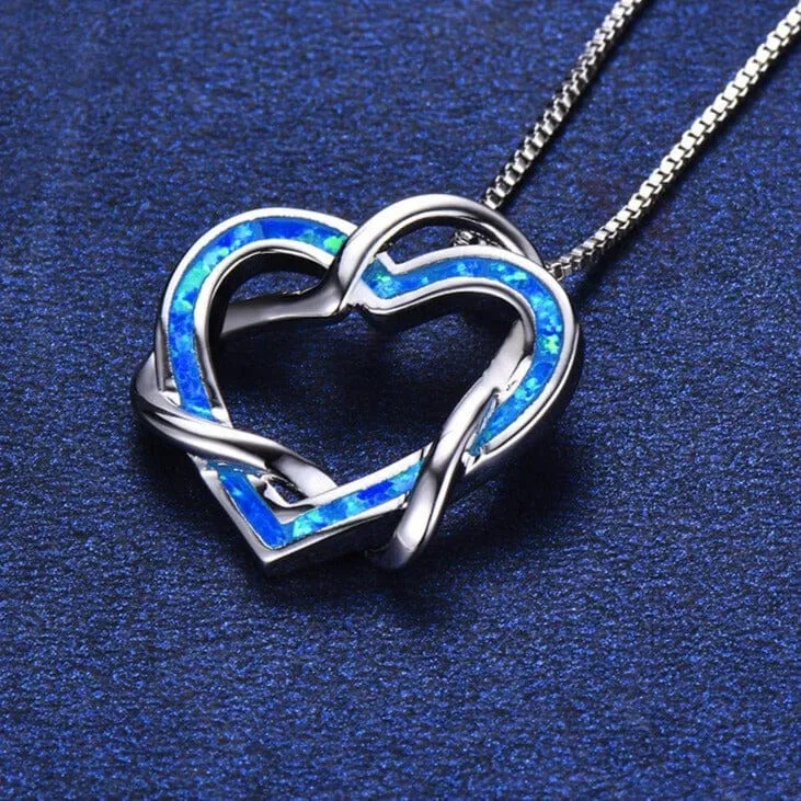 Infinity Love Heart  Blue White Fire Opal Pendant Necklace - 925 Sterling Silver