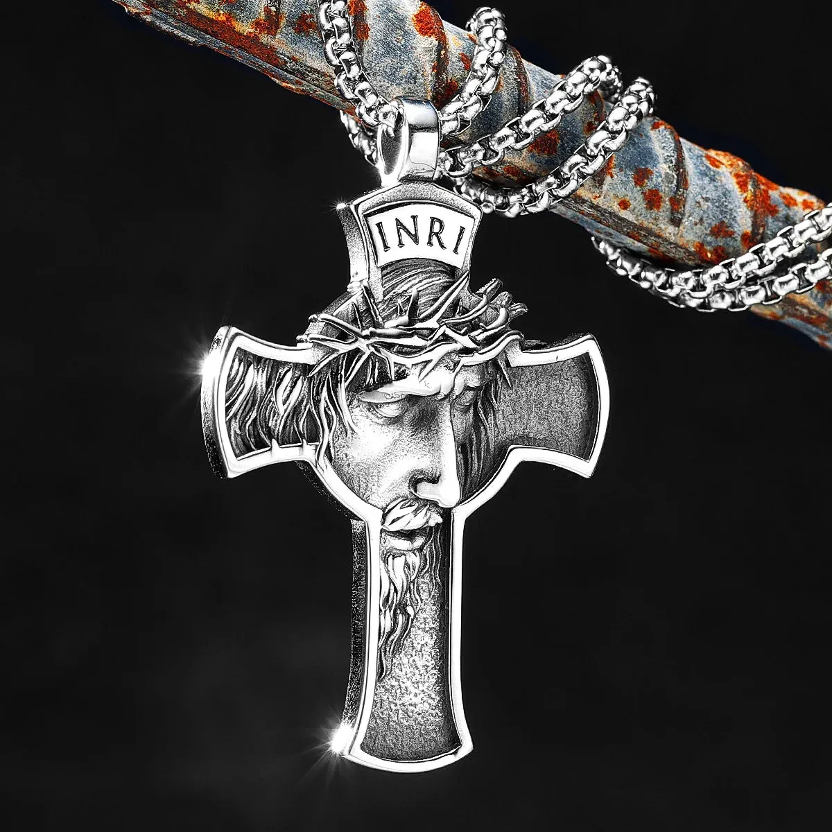 INRI Stainless Steel Jesus Cross 3D Pendant Necklace