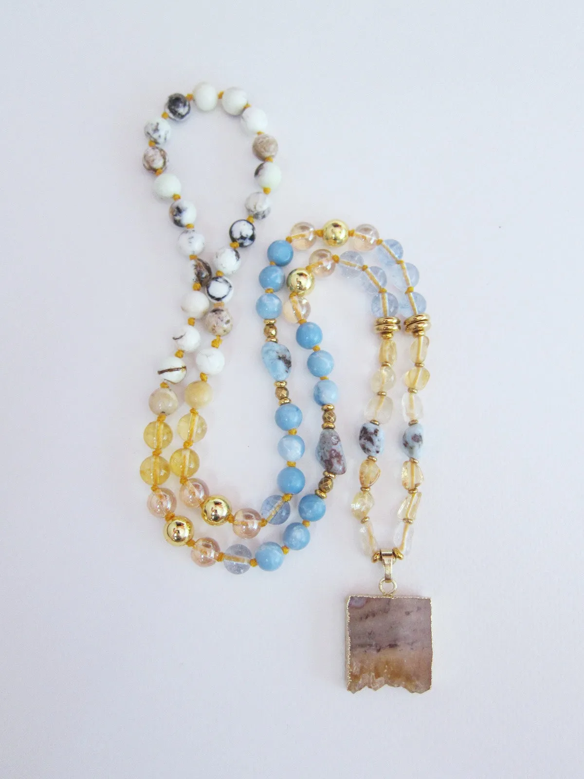 Larimar, Opal, Citrine Mala Necklace with Citrine Stalactite Pendant - Pisces Birthstone