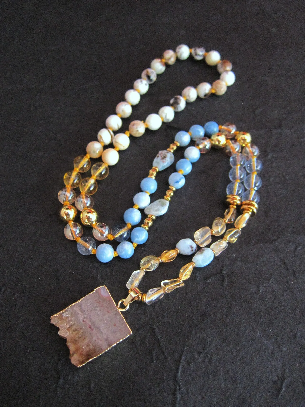 Larimar, Opal, Citrine Mala Necklace with Citrine Stalactite Pendant - Pisces Birthstone