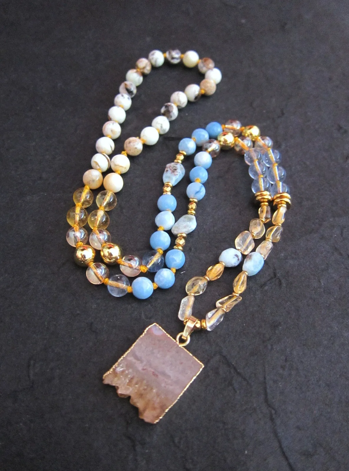 Larimar, Opal, Citrine Mala Necklace with Citrine Stalactite Pendant - Pisces Birthstone