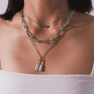 Lock Heart Multi-layered Chain Necklace Silver