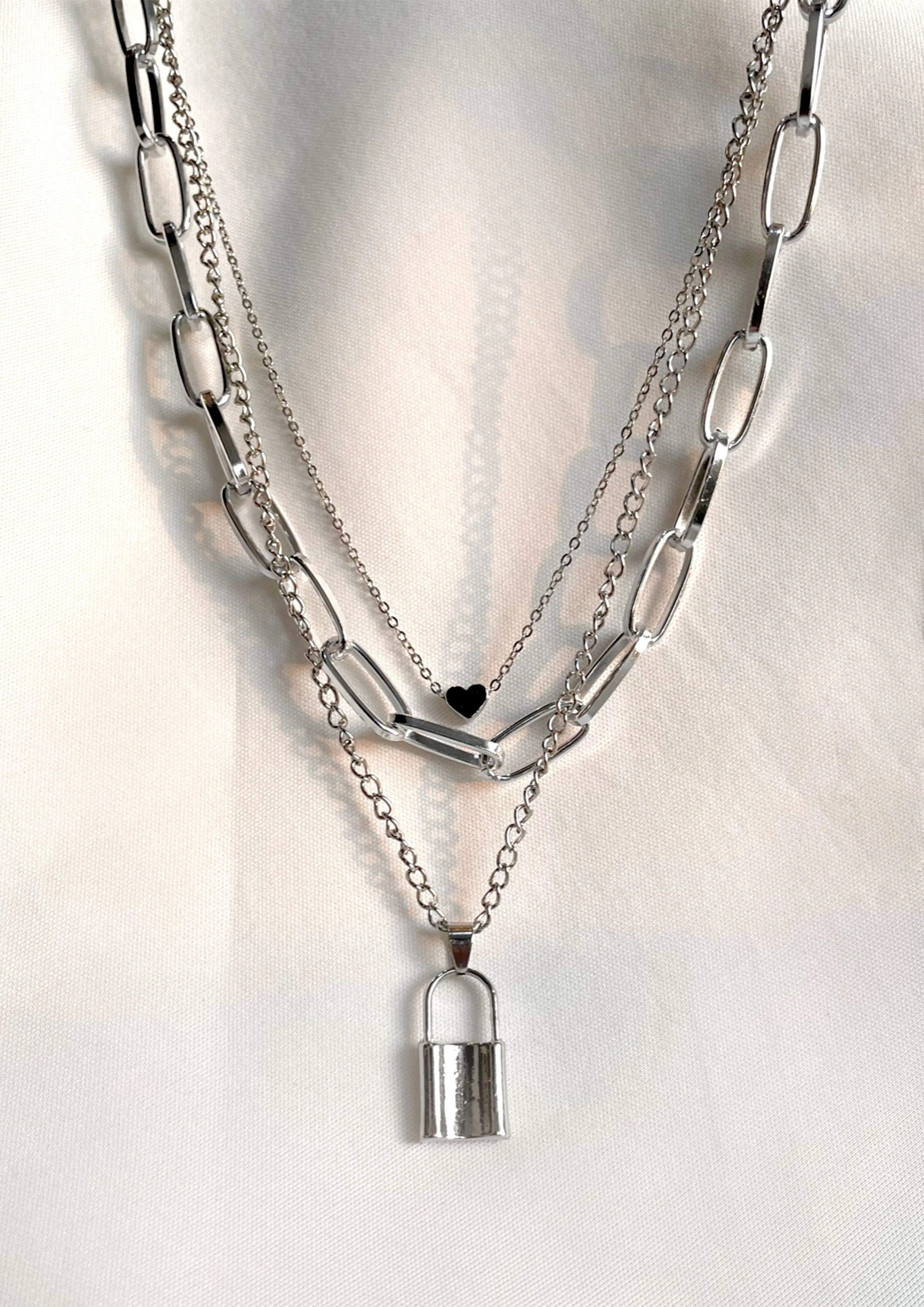 Lock Heart Multi-layered Chain Necklace Silver