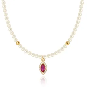 Luxe Oval Ruby Gemstone Pearl Necklace