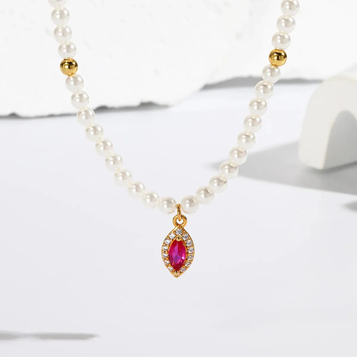 Luxe Oval Ruby Gemstone Pearl Necklace