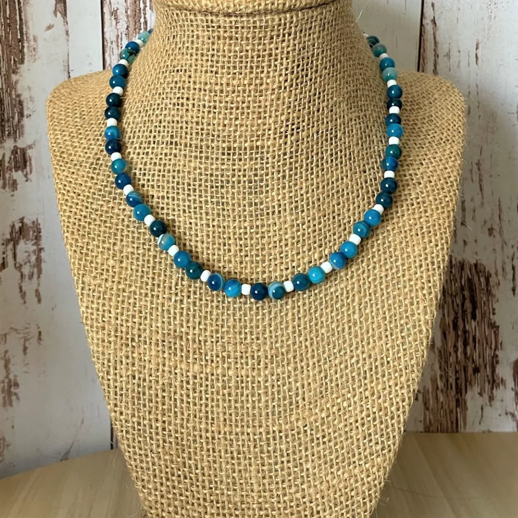 Mens Blue Sky Agate and White Toho Beaded Necklace