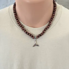 Mens Brown Wood and Silver Whale Tail Beaded Necklace