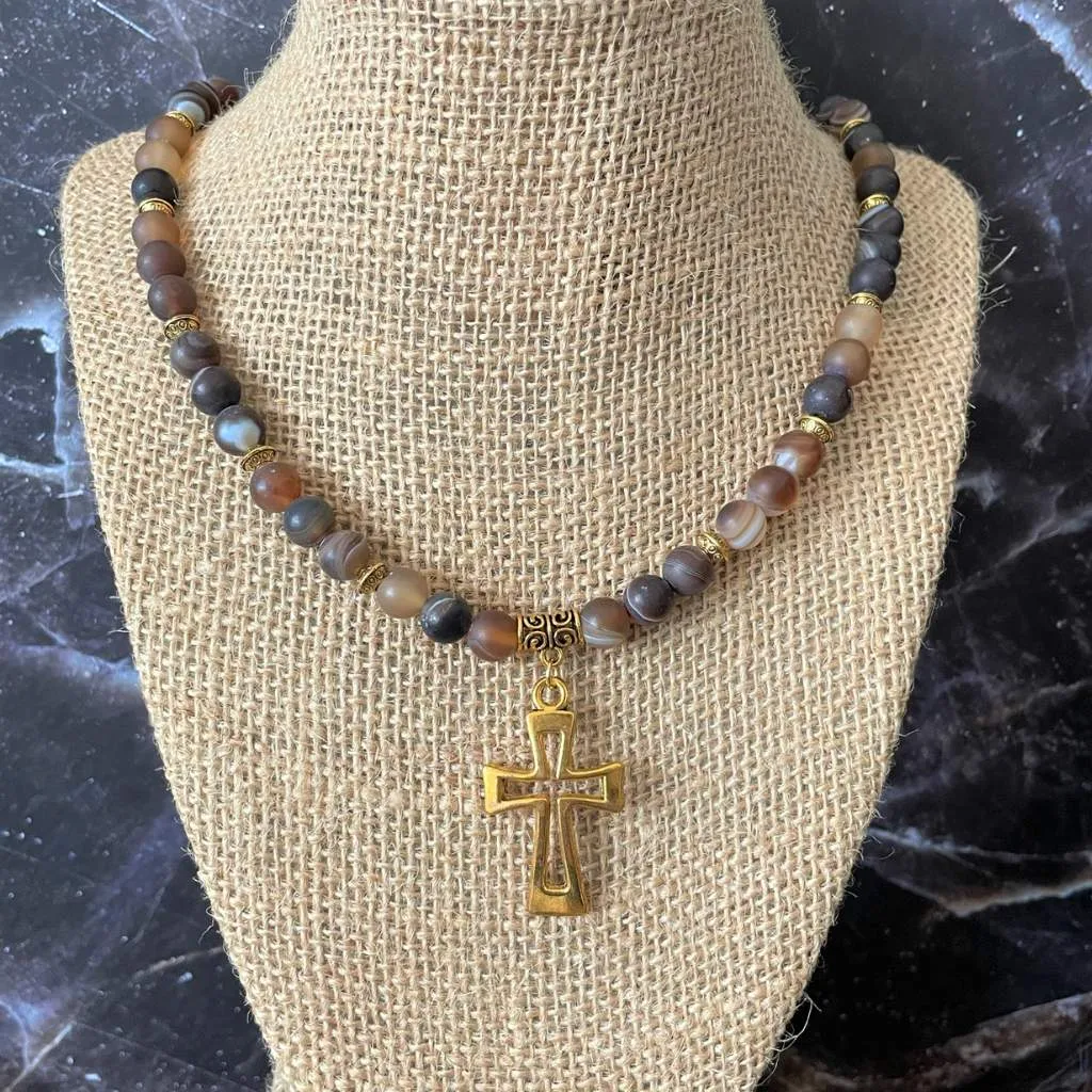 Mens Matte Brown Agate Beaded Necklace with Gold Cross