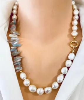 Morganite, Aquamarine Chips & Freshwater Pearls Asymmetric Necklace, 20.5inches