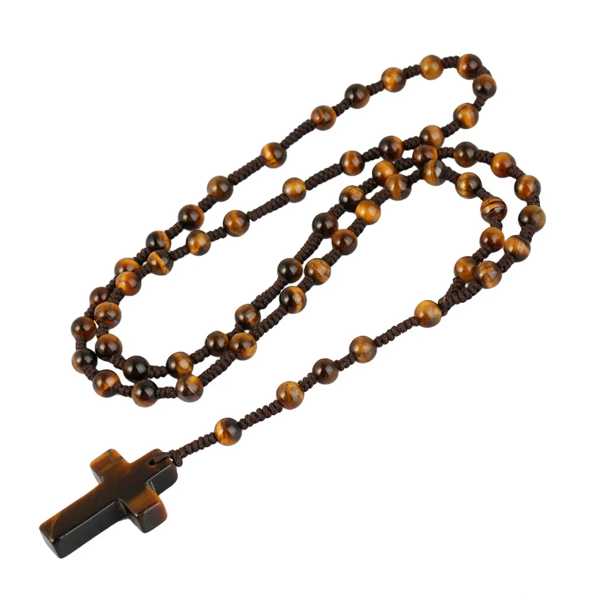 Natural Stone Pendant Cross Bead Rosary Chain Necklace