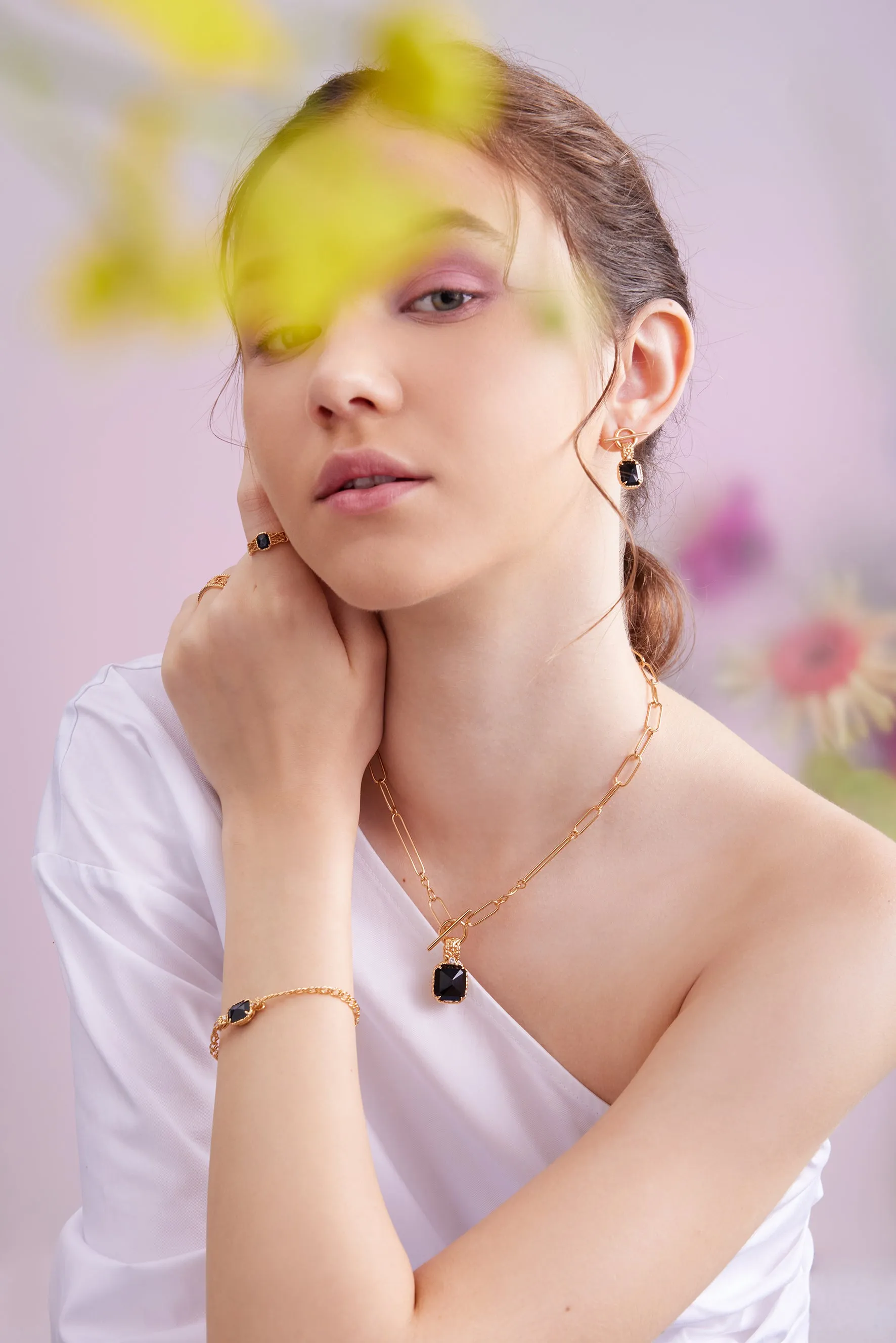 Obsidian Double Sided Gold Toggle Necklace - Chrysanthemum