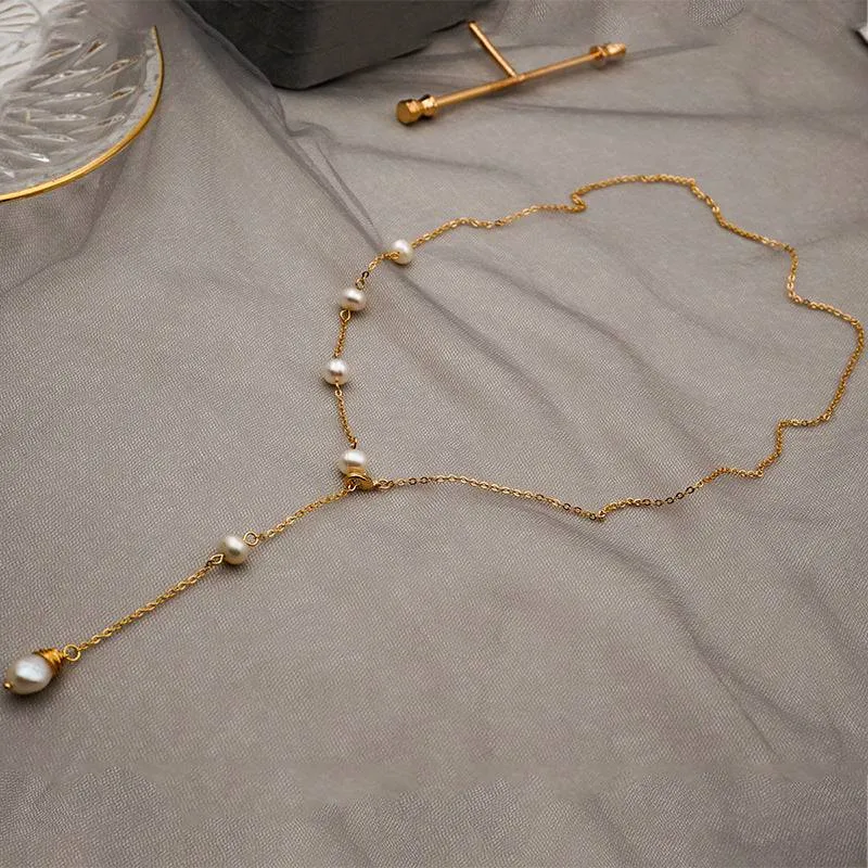 One Side Pearl Long Y Shape Necklace