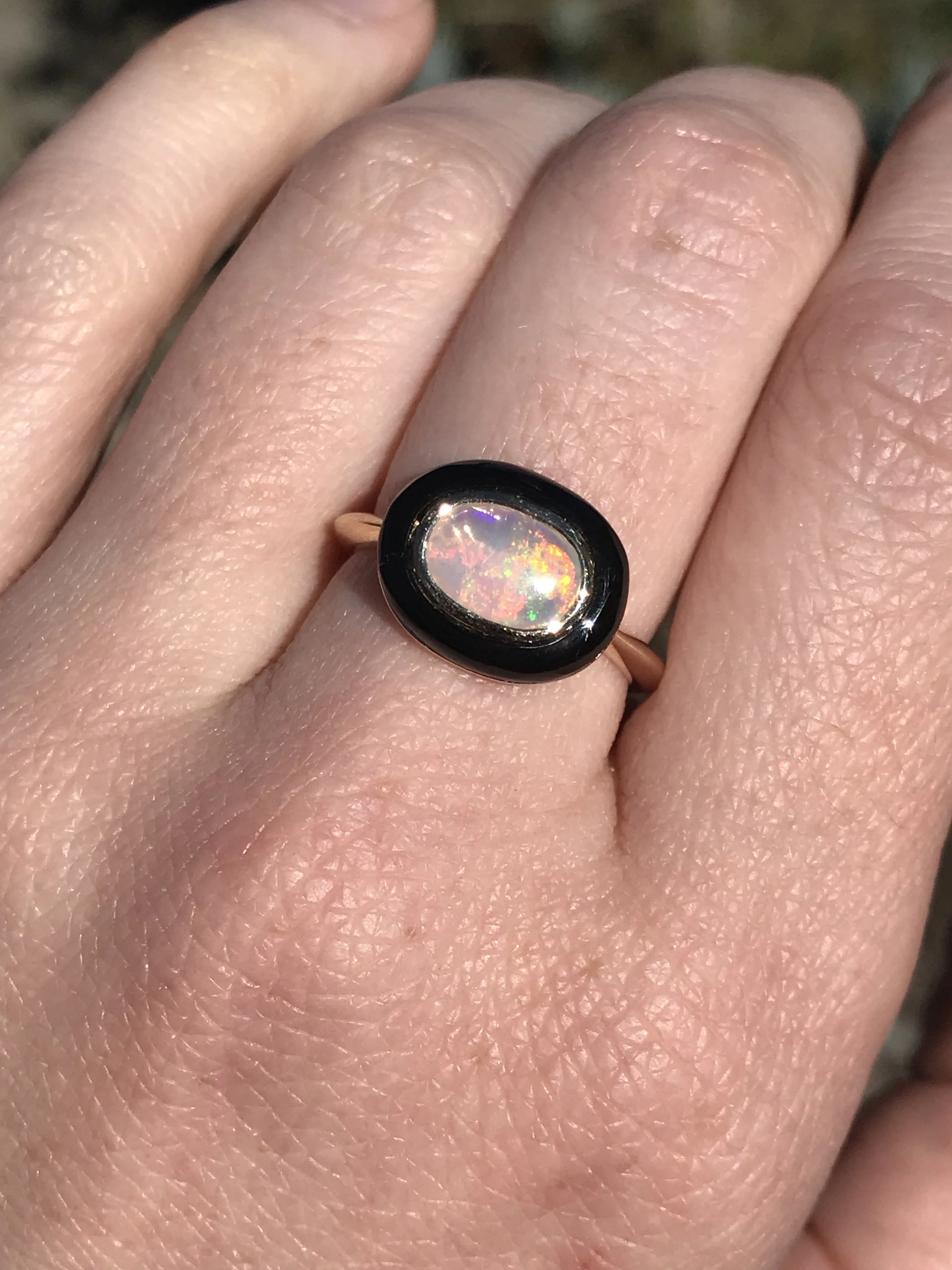 Opal and black jade cabochon ring in 14k Yellow Gold