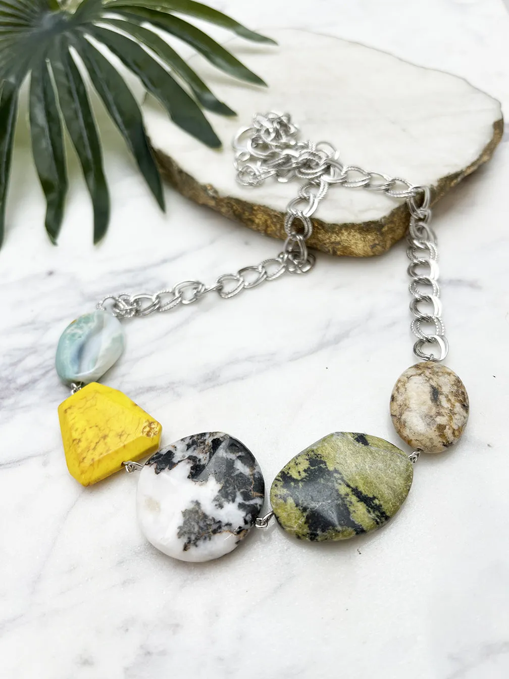 quintet necklace - zebra jasper and yellow howlite