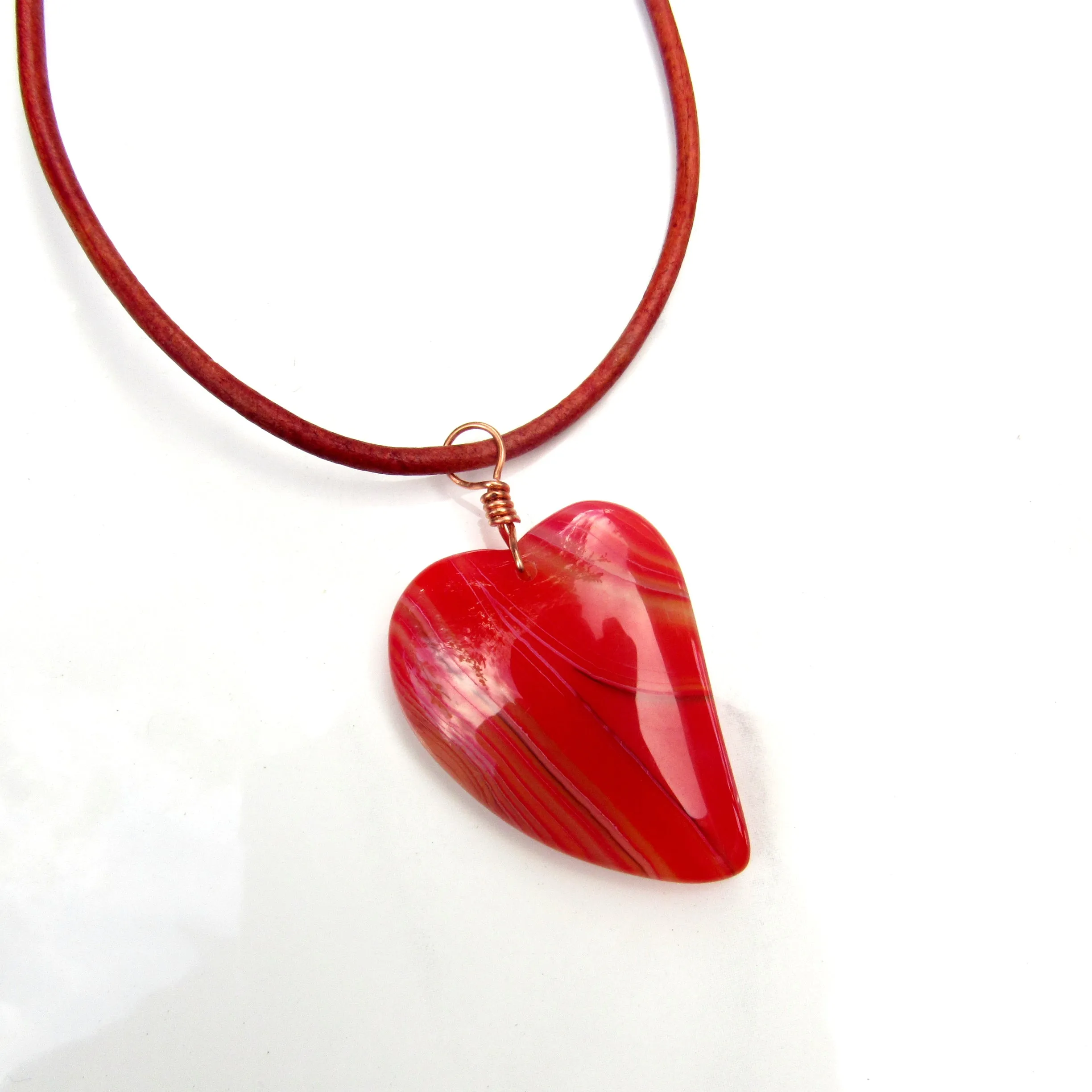 Red Banded Agate gemstone on Leather Necklace