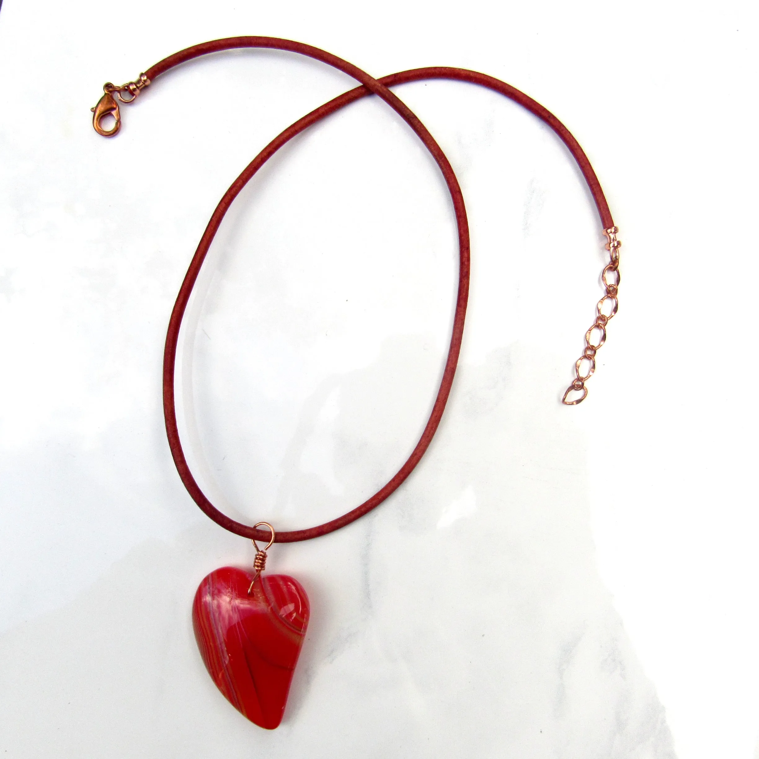 Red Banded Agate gemstone on Leather Necklace