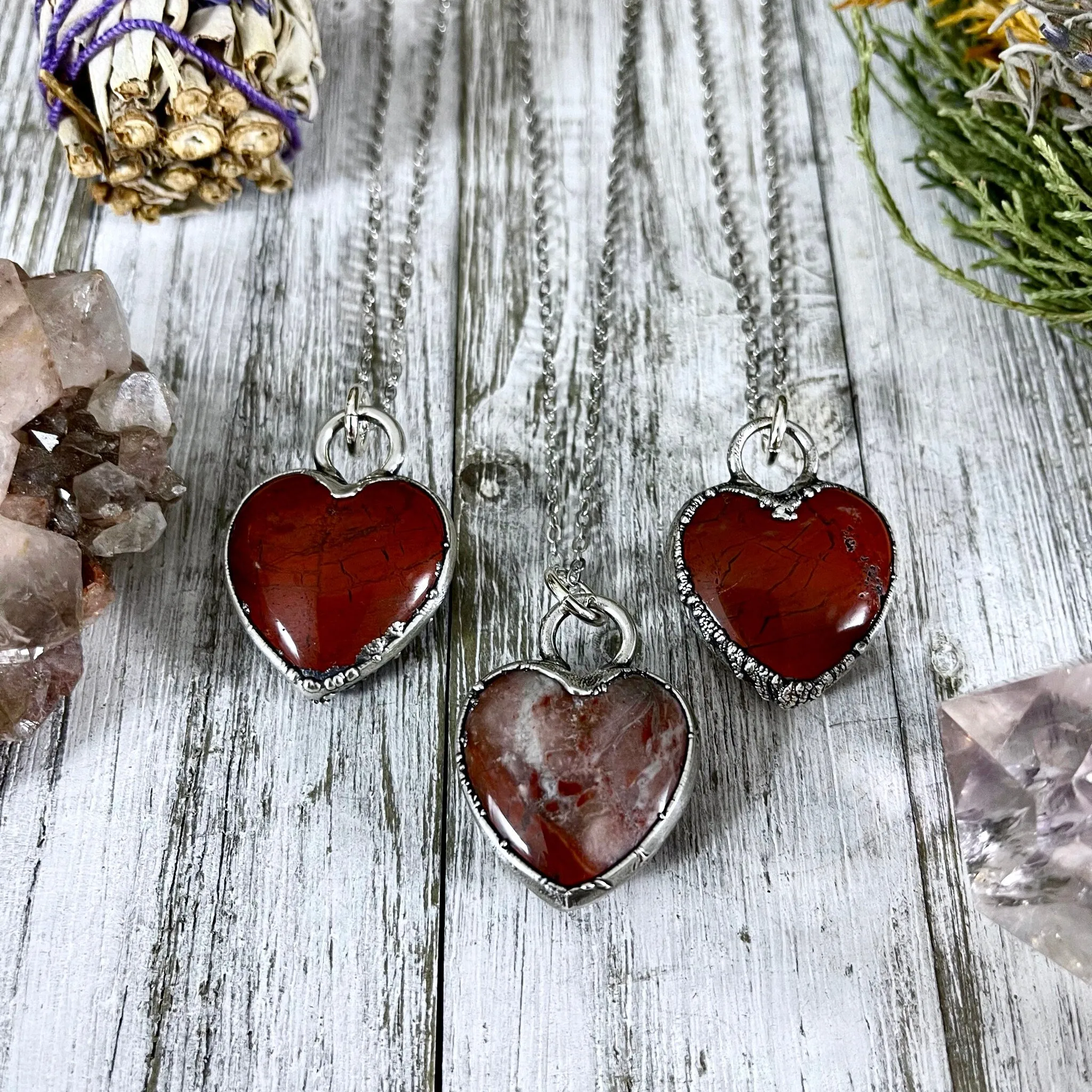 Red Jasper Crystal Heart Necklace in Fine Silver / Stone Pendant