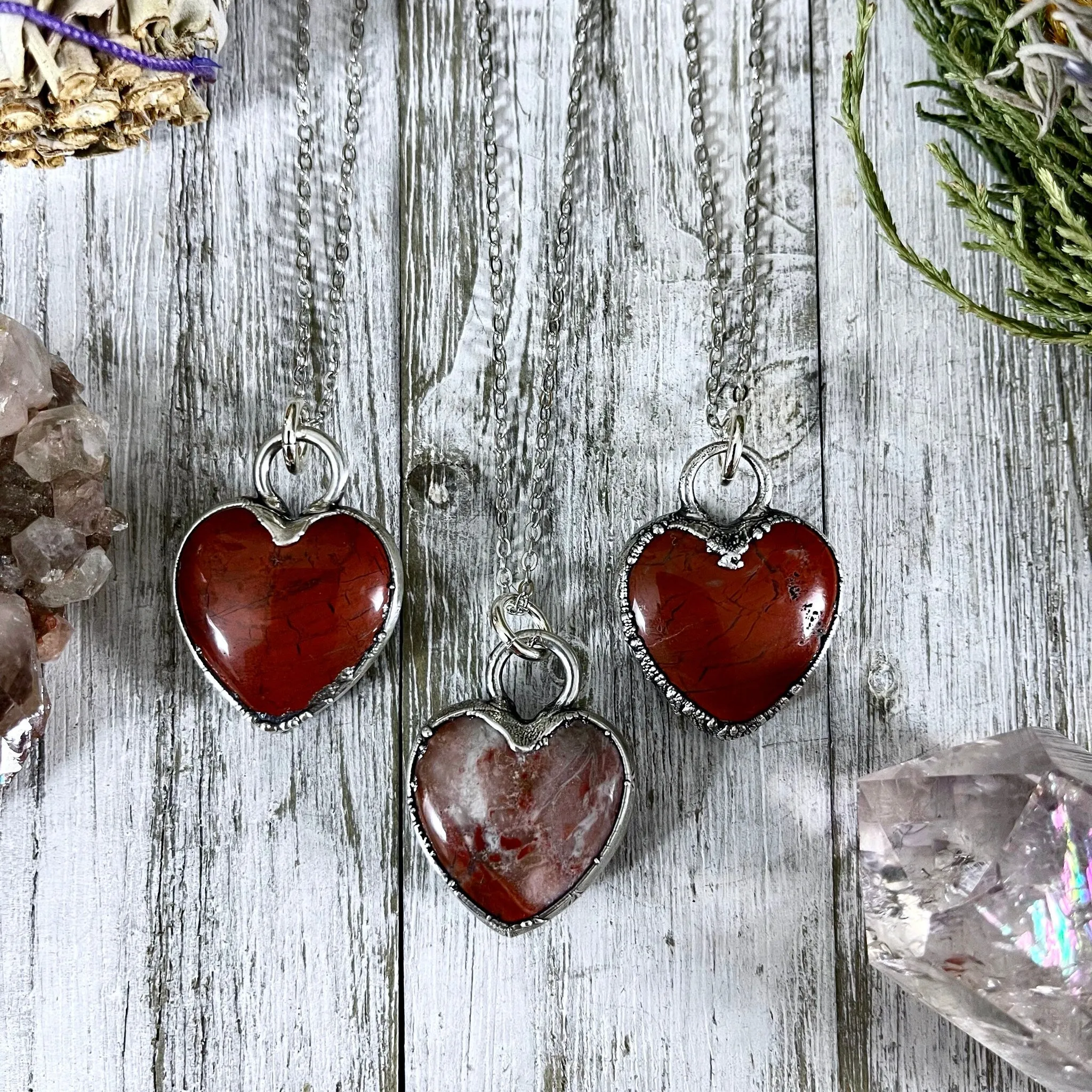 Red Jasper Crystal Heart Necklace in Fine Silver / Stone Pendant