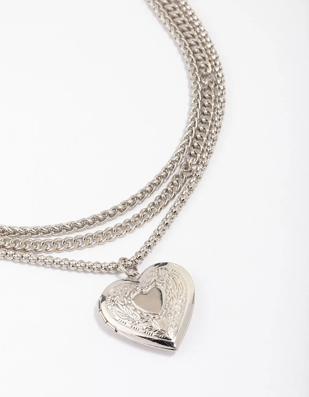 Rhodium Chain Set Heart Pendant Necklace