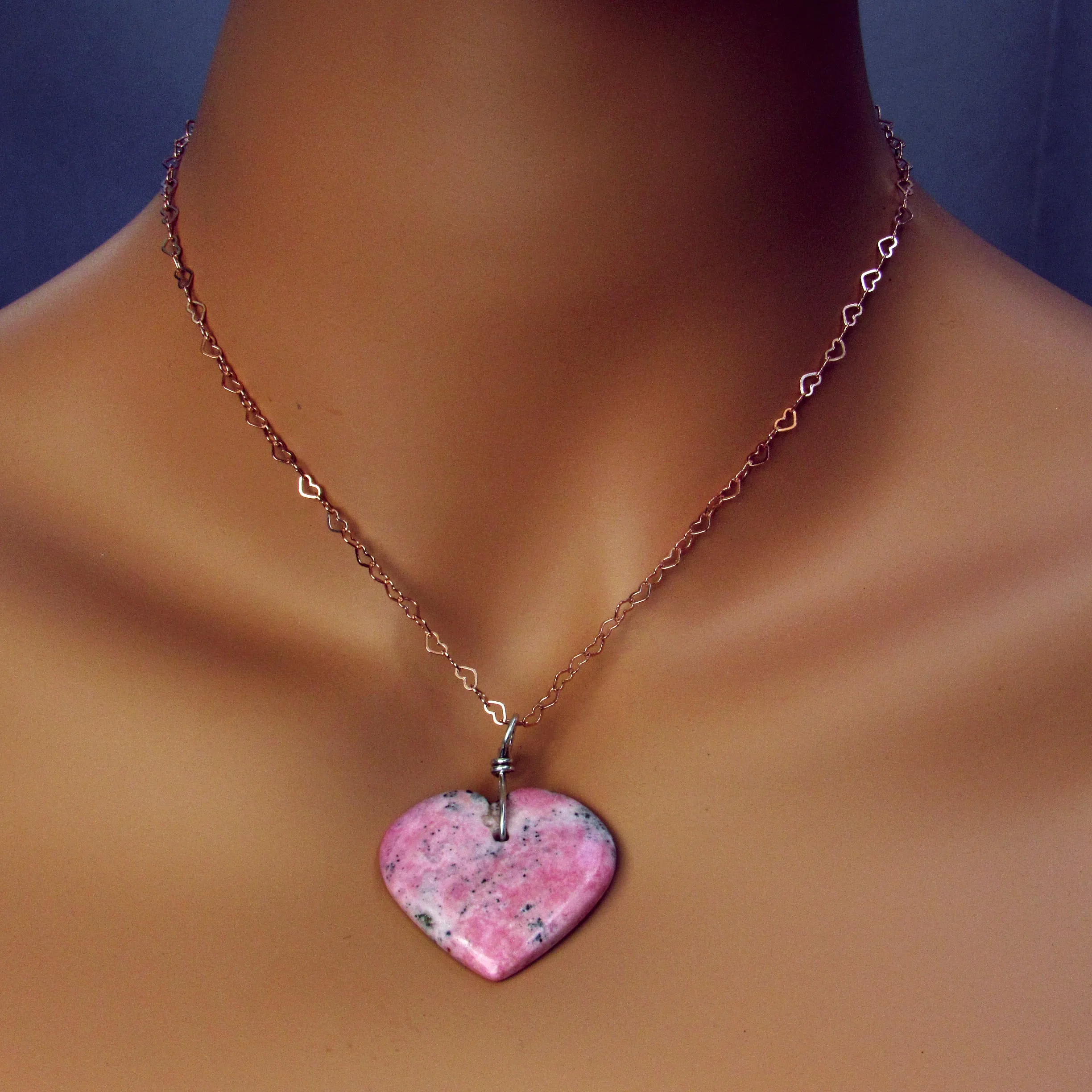 Rhodonite Heart w/ Hand Wrapped Sterling Silver, Rose Gold Fill over Sterling Silver Heart Chain