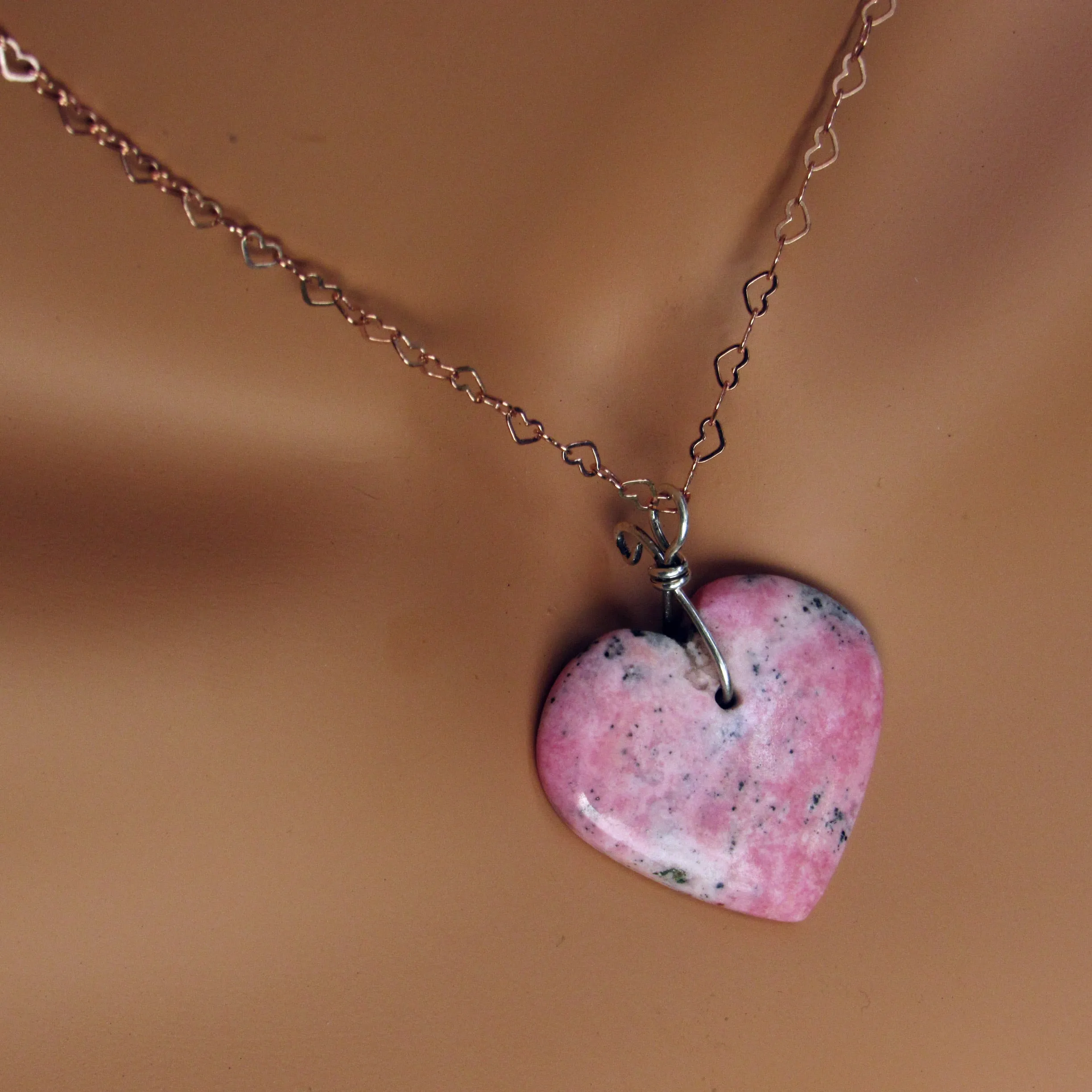 Rhodonite Heart w/ Hand Wrapped Sterling Silver, Rose Gold Fill over Sterling Silver Heart Chain