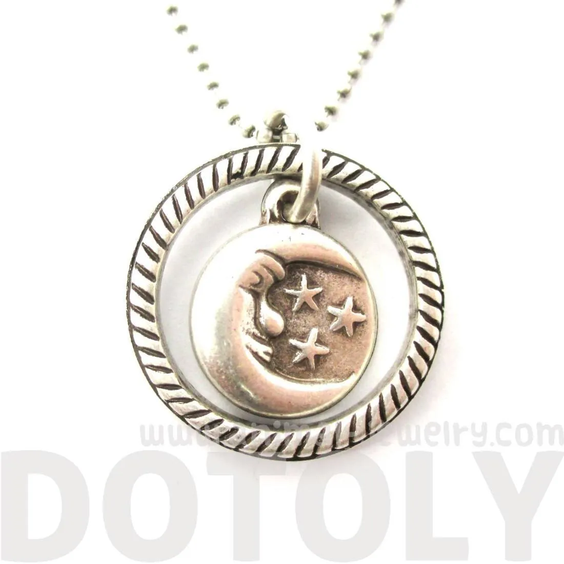 Round Moon and Stars Shaped Pendant Necklace in Silver | DOTOLY