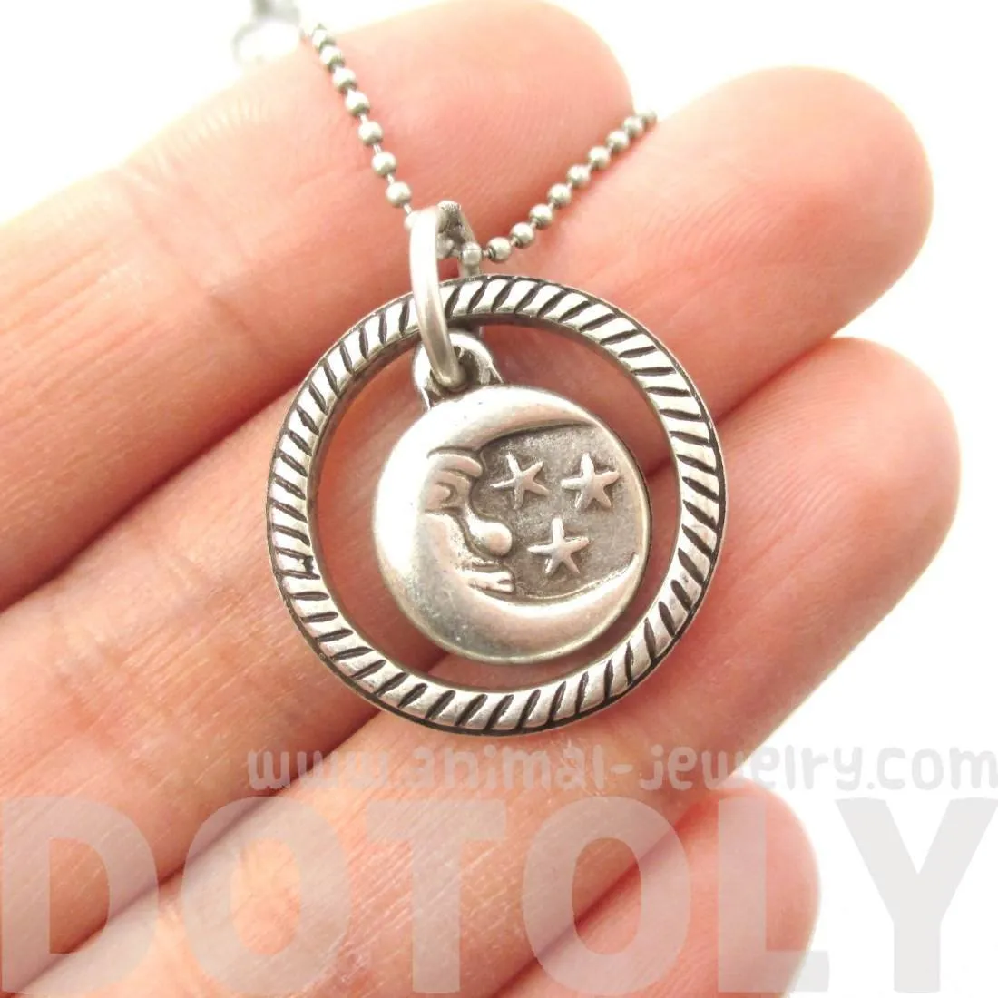 Round Moon and Stars Shaped Pendant Necklace in Silver | DOTOLY