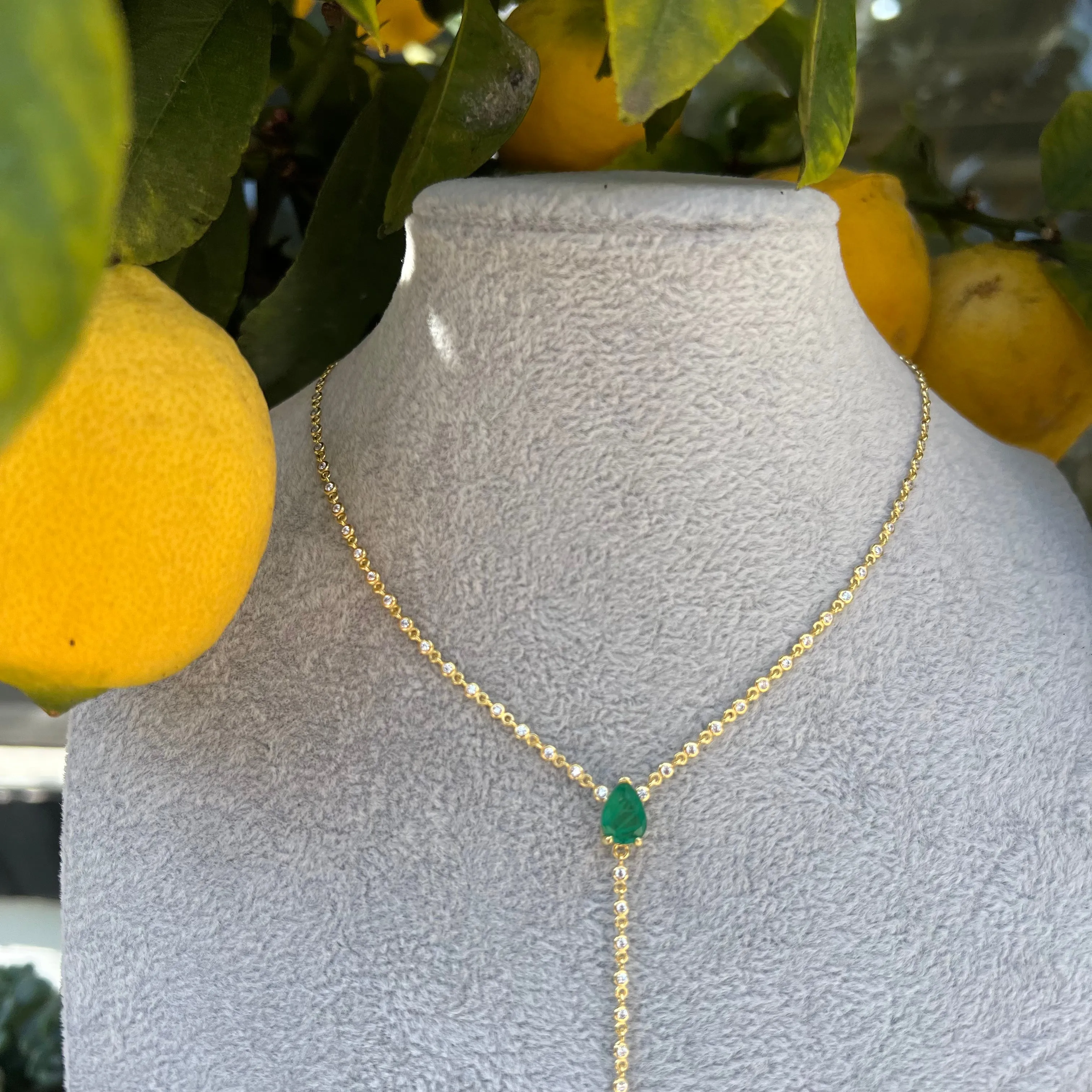 Silver gold plated diamond chain pear emerald lariat necklace