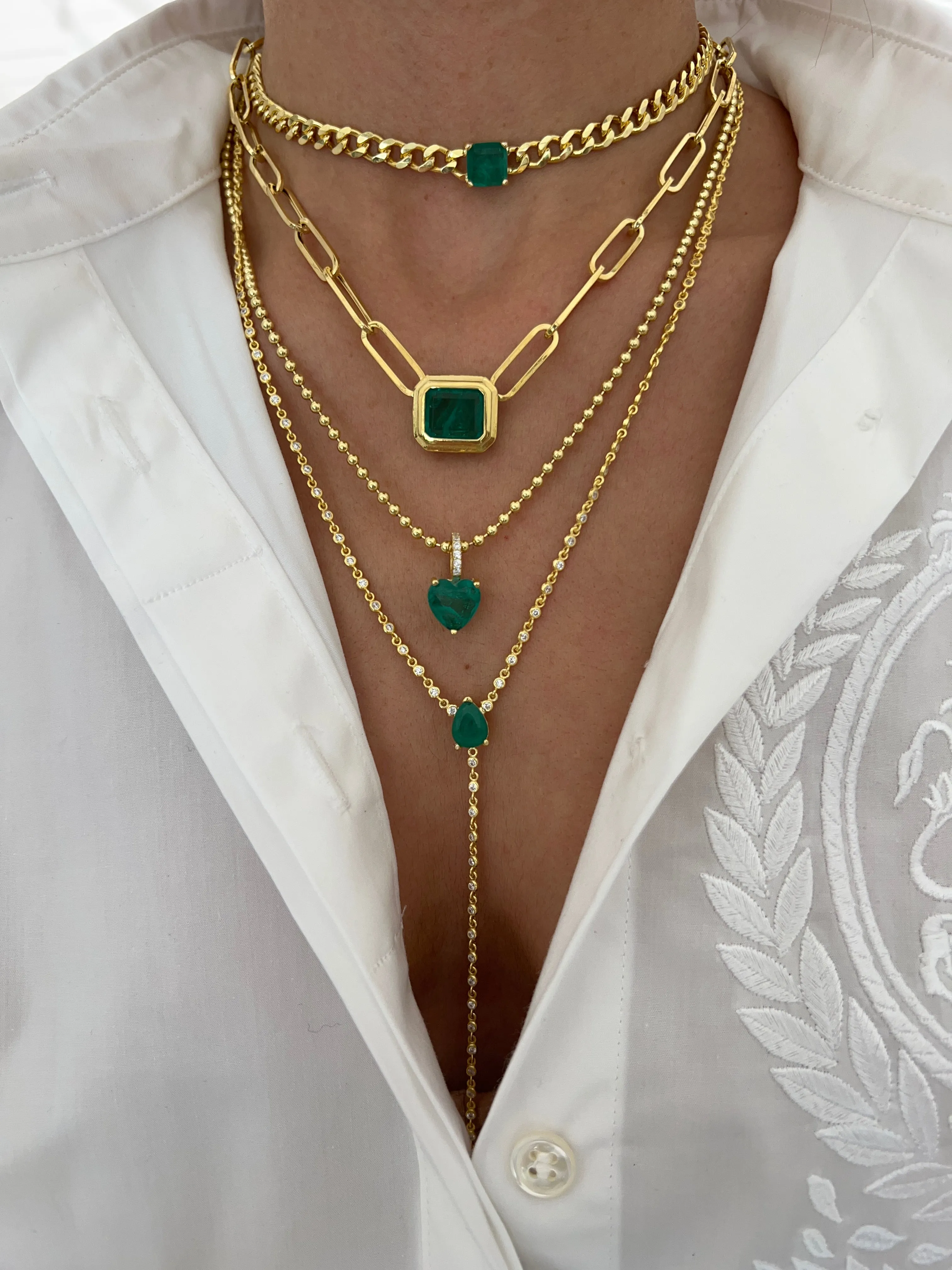 Silver gold plated diamond chain pear emerald lariat necklace