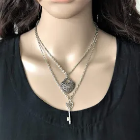 Silver Heart and Key Layered Necklace