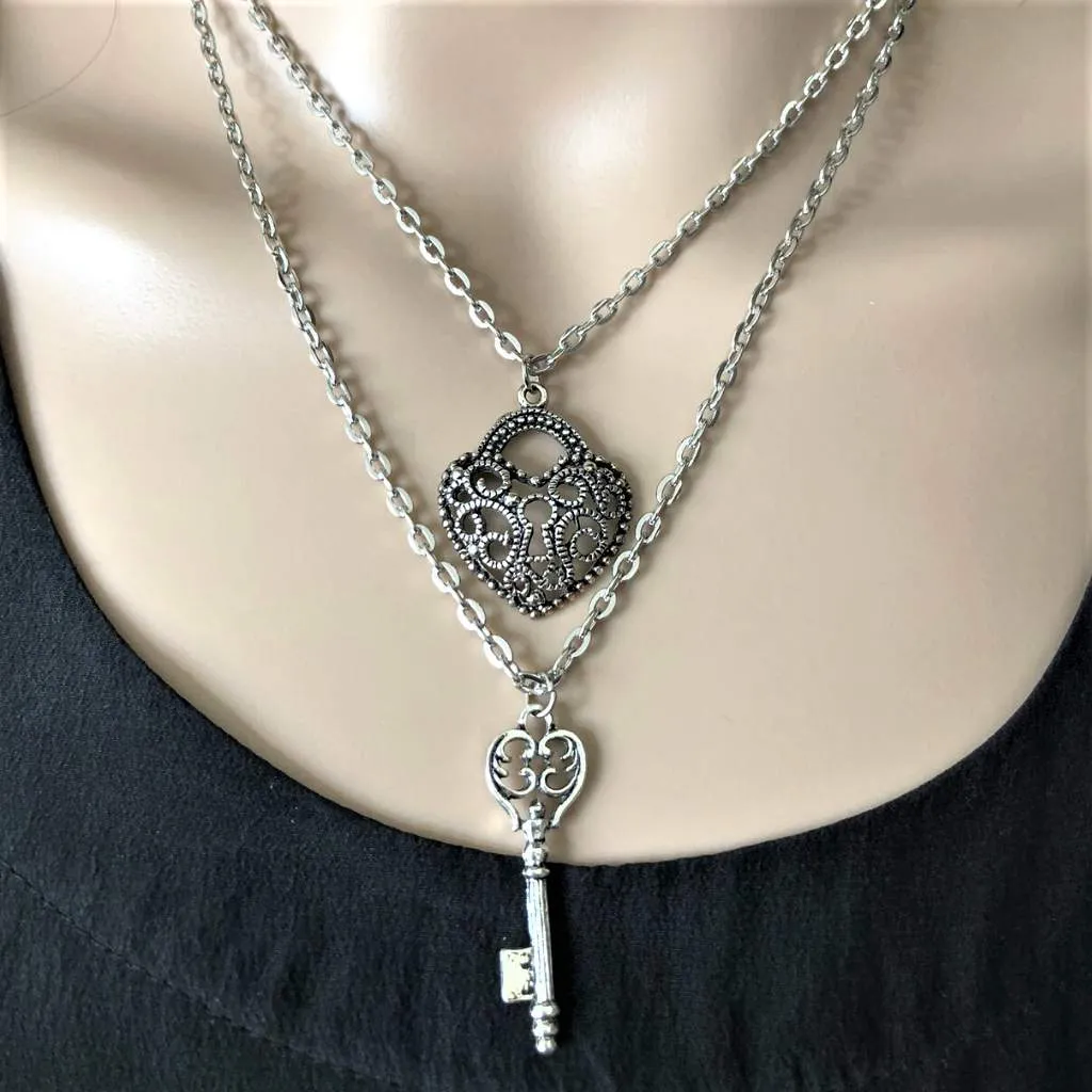 Silver Heart and Key Layered Necklace