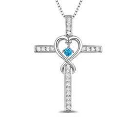 Silver Heart Infinity Symbol Cross Pendant with Crystals Necklace