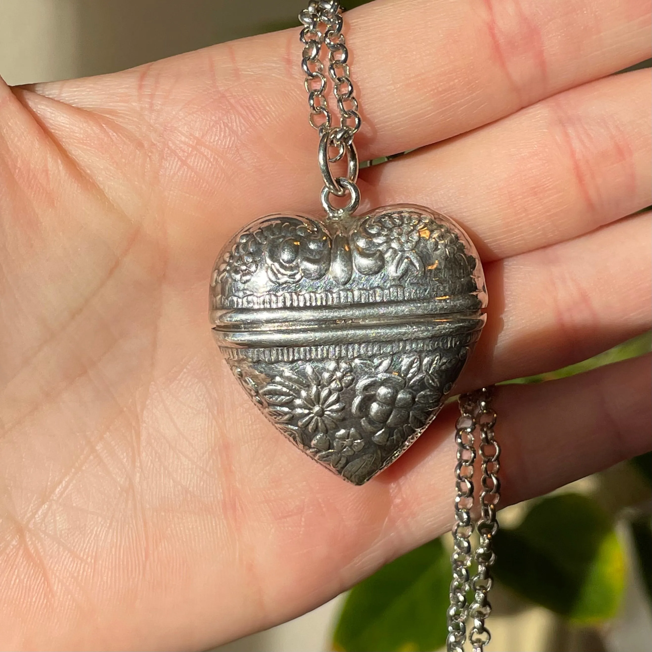 Silver Repousse Sweetheart Heart Locket Pendant Necklace