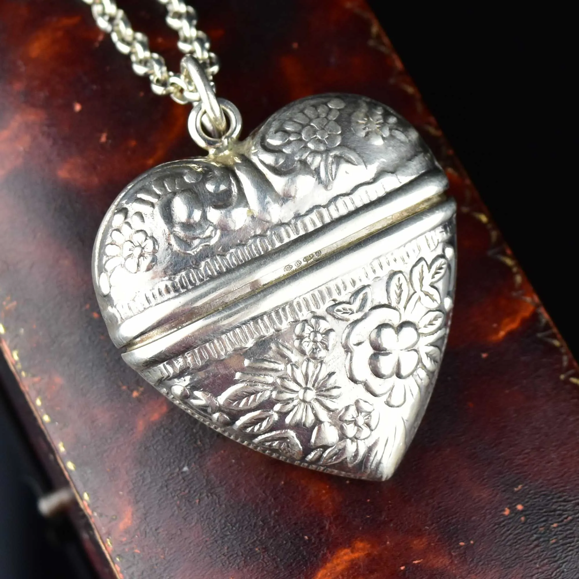 Silver Repousse Sweetheart Heart Locket Pendant Necklace