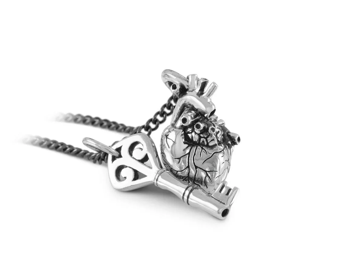 Small Anatomical Heart & Key Necklace - Silver