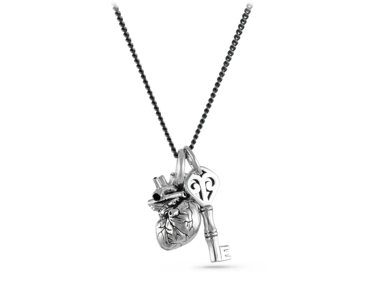 Small Anatomical Heart & Key Necklace - Silver