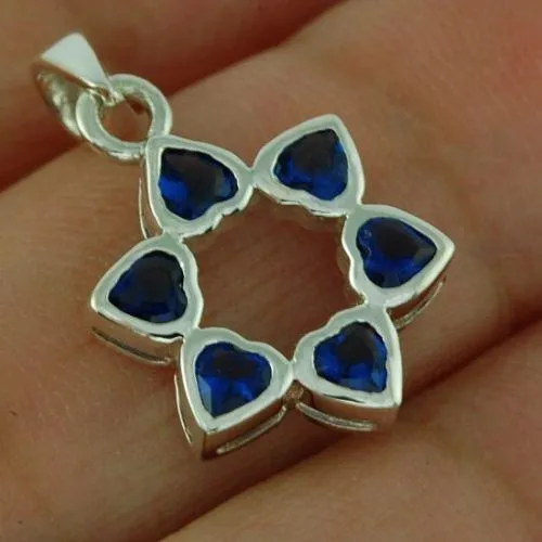 Star of David Pendant hurts blue Colors Gemstone   925 Sterling Silver Necklace