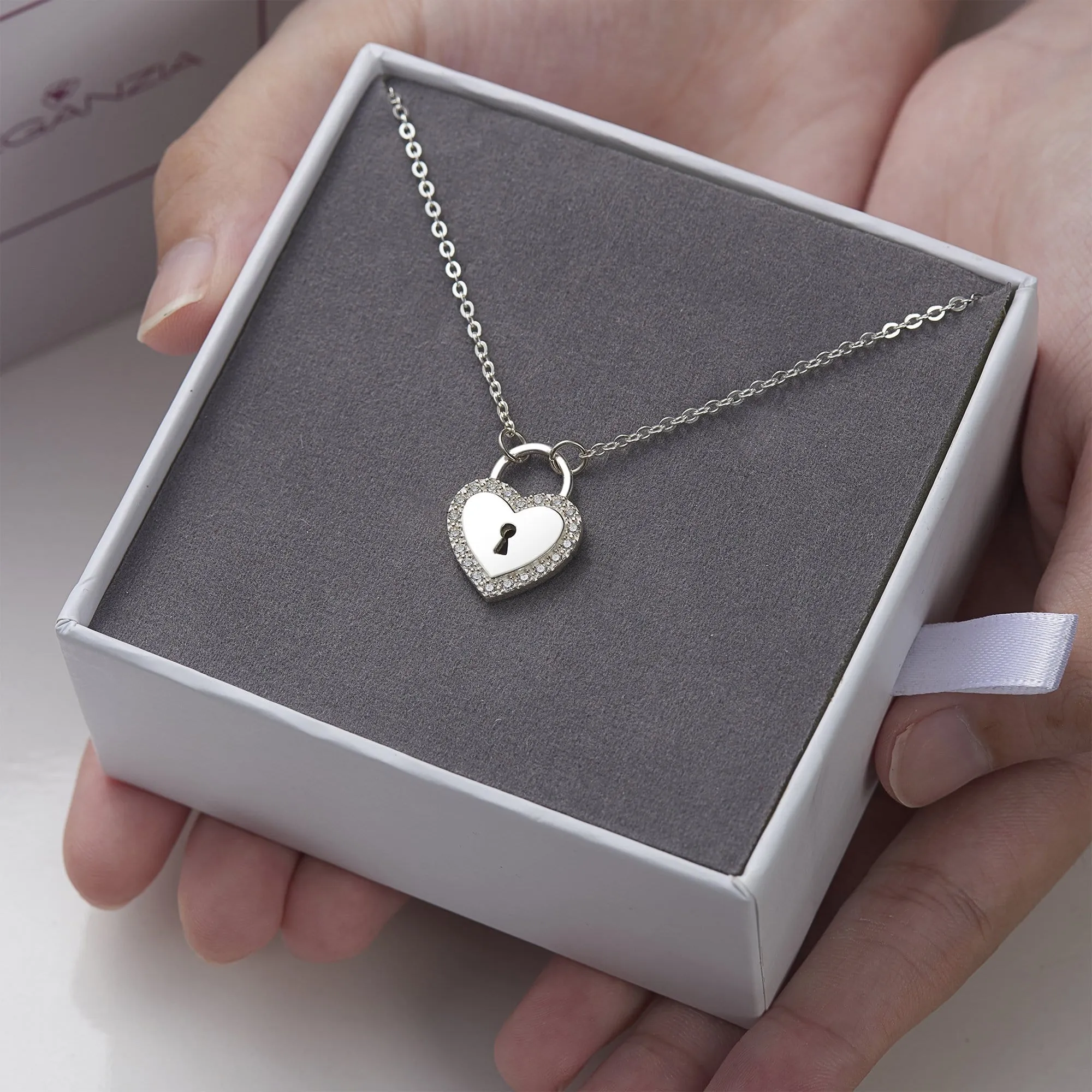 Sterling Silver Heart Lock Necklace with CZ