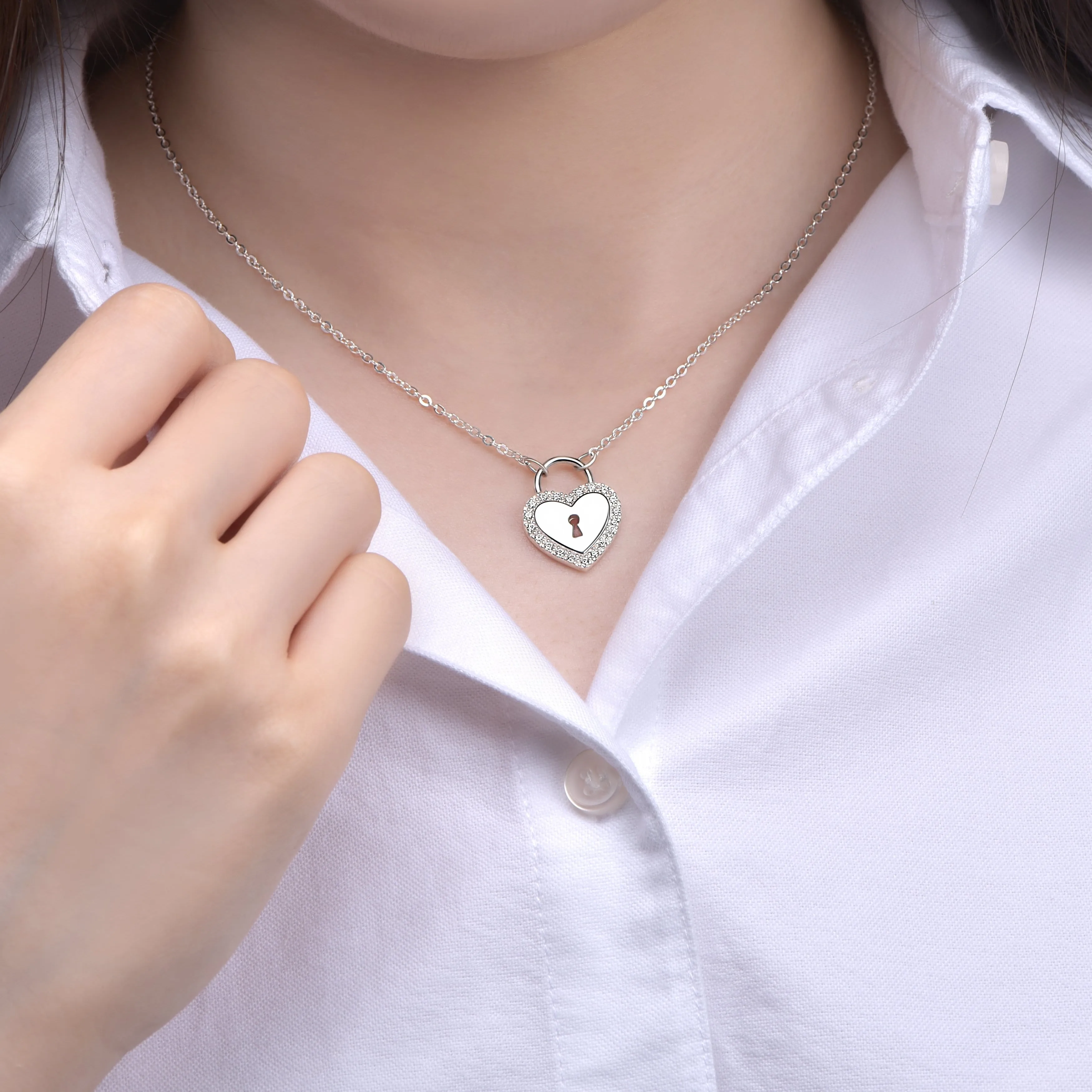 Sterling Silver Heart Lock Necklace with CZ