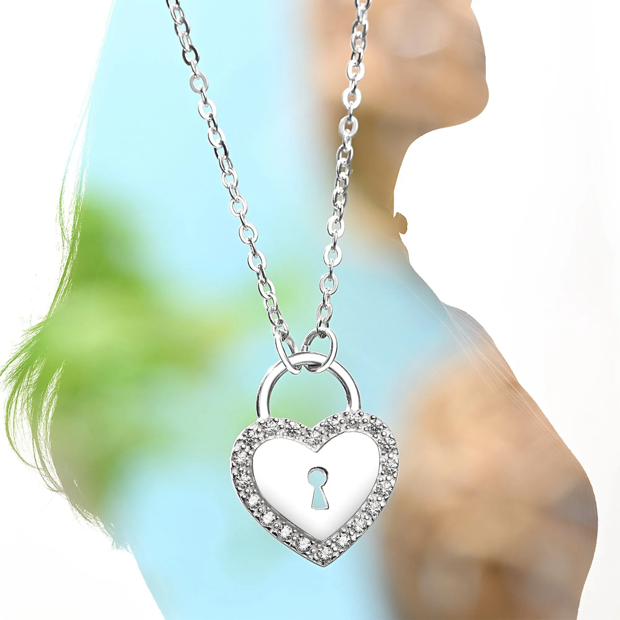 Sterling Silver Heart Lock Necklace with CZ