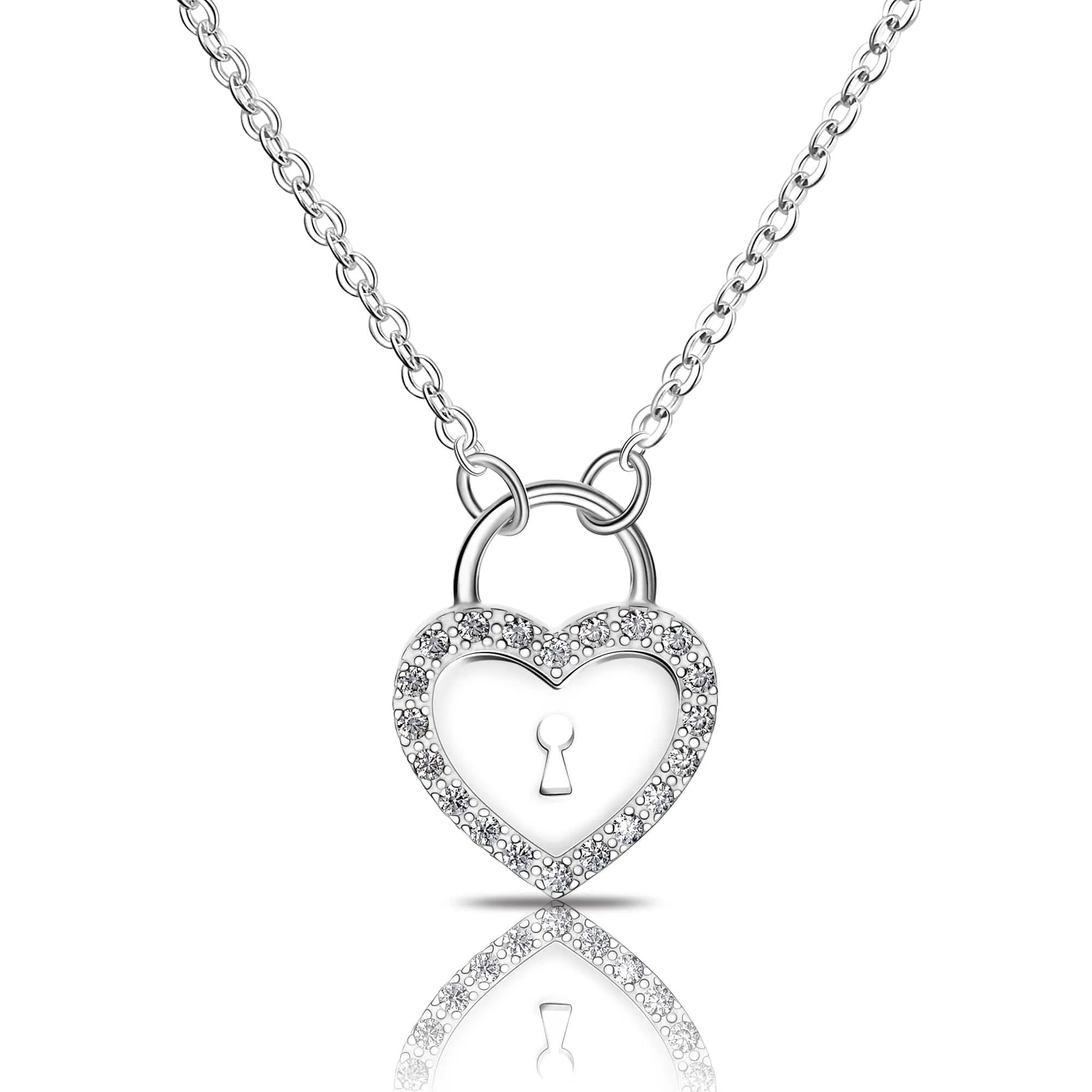 Sterling Silver Heart Lock Necklace with CZ